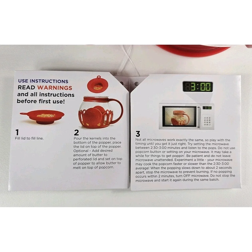 NWT Ecolution Micro-Pop Popcorn Popper 1.5 Qt Glass Dishwasher-Safe Red Microwav